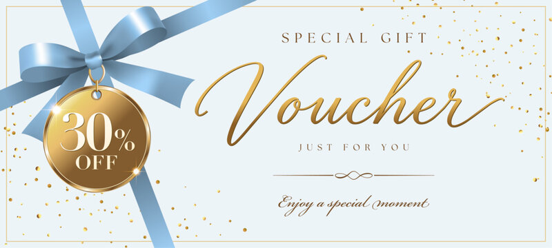 Elegant gift voucher template design with light blue ribbon bow tag and 30 percent off discount coupon certificate