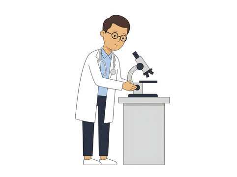 Friendly male doctor wearing glasses and white lab coat looking into a microscope in a vector illustration