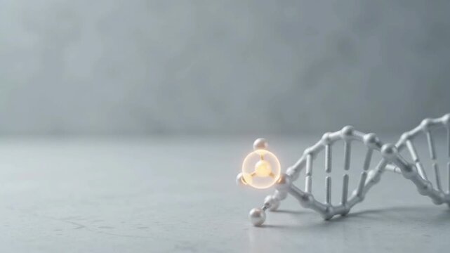 High-tech synthetic telomere molecular structure with gentle breathing energy node on neutral background featuring expansive negative space for cellular health branding