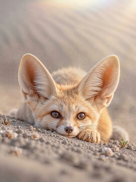 A cute Fennec Fox lying low on pale desert sand with its chin resting on its paw, showing its huge ears, warm amber eyes, and soft cream-orange fur against a hazy dune background.