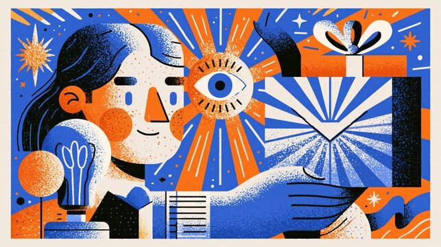Woman's hand receiving gift envelope with bright eye in sunburst during celebration with lightbulb concept