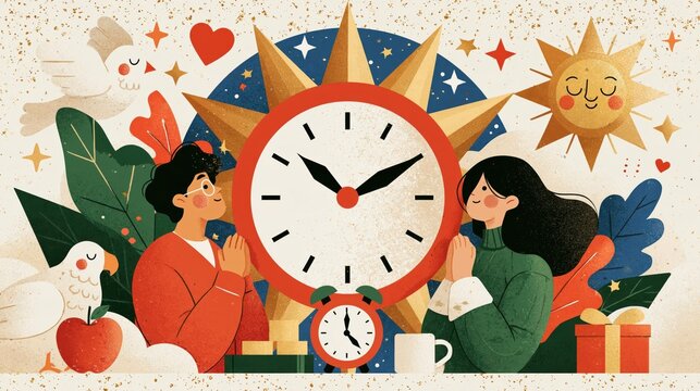 Two people praying with hands clasped before a large clock face with sun and stars symbolizing time and spirituality in a vibrant illustration