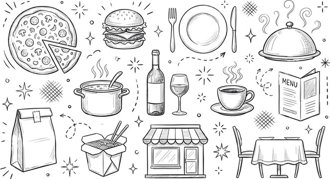 hand drawn doodle restaurant food pizza burger coffee wine menu fast food delivery icons vector illustration