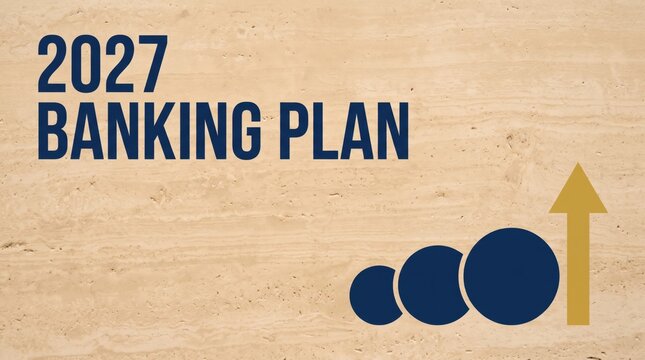 2027 Banking Plan strategy presentation featuring a beige stone background texture, financial growth circles chart, rising arrow, and ample copy space for corporate website banners