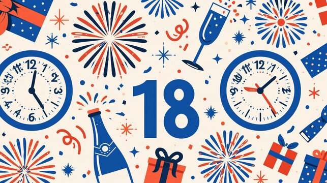 Eighteen birtay celebration with champagne clocks and gifts during festive fireworks display