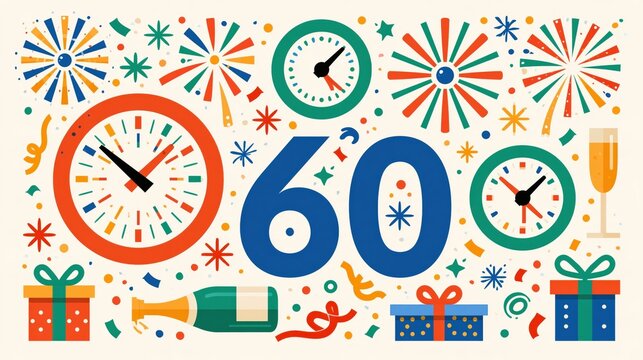 Sixty numeral with clocks fireworks champagne and gifts during celebration