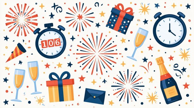 Festive New Year's Eve celebration elements with champagne gifts and countdown clocks against a celebratory background