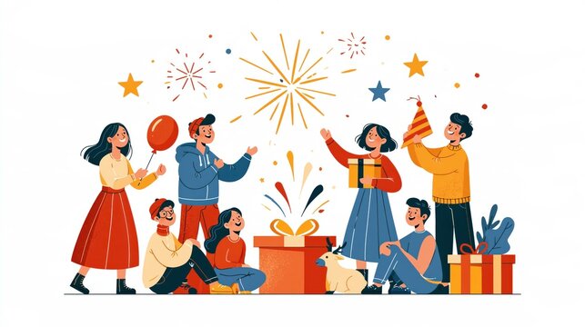 Diverse group of people celebrating with gifts and fireworks during a festive occasion with a bright background