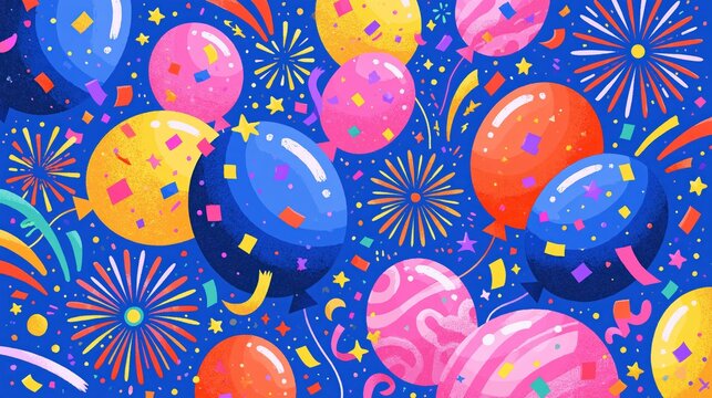 Colorful balloons and fireworks create a festive celebration pattern during a vibrant party with confetti