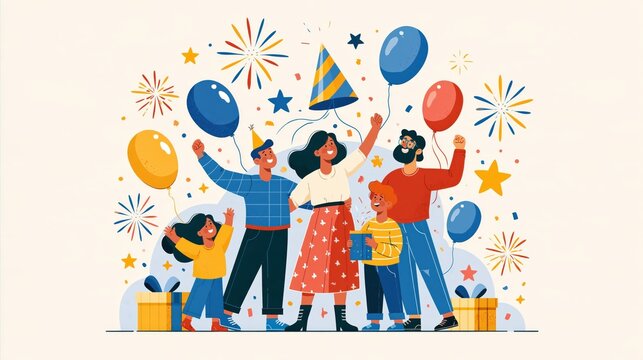 Diverse family celebrating with balloons and confetti during a bright festive occasion