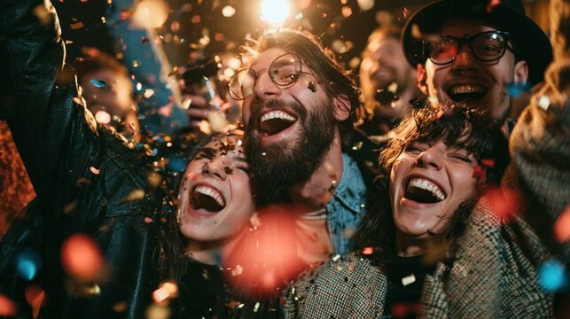 Joyful diverse people celebrating with confetti during a night party