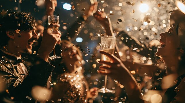 Joyful diverse friends celebrating with champagne during a festive party with golden confetti in bokeh lights