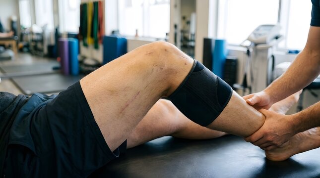 Physical therapist examining patient knee with compression brace during rehabilitation in clinic room