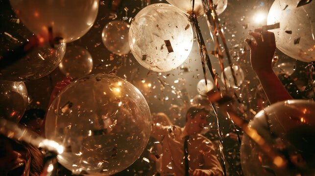 Golden balloons and confetti celebrating a vibrant party with blurred joyful people in warm dim lighting