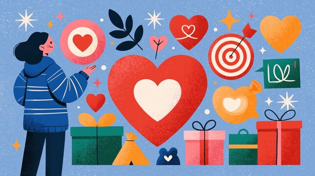 Woman presenting heart symbols and gifts during a concept of love and appreciation with flat illustration style