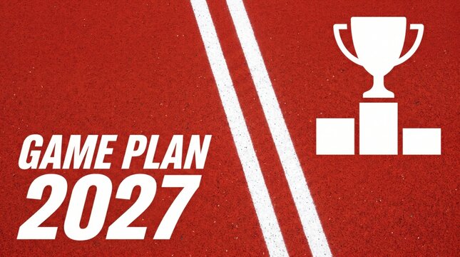 Game Plan 2027 running track concept with championship trophy on a podium and business strategy copy space for annual presentation cover slide and corporate banner design