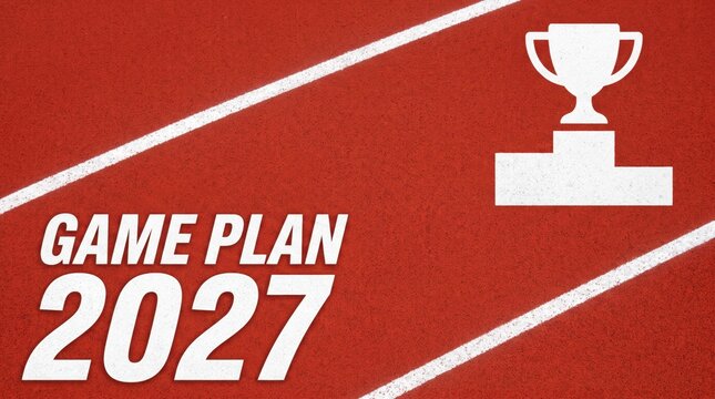 Game Plan 2027 red running track background featuring a white trophy podium icon and sports strategy layout for annual report cover and professional corporate presentation