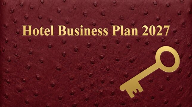 Hotel Business Plan 2027 strategy and hospitality growth roadmap concept featuring golden key on dark red textured leather background for corporate presentation cover and proposal layout