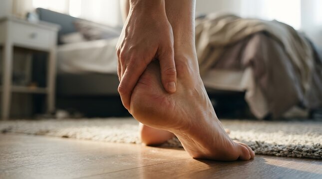 Person holding painful heel with hand while sitting in bedroom at home close up view of foot injury