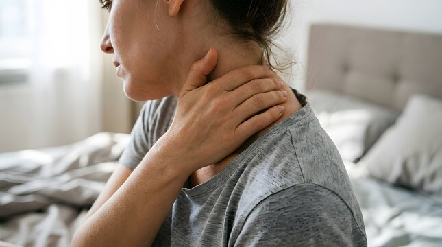Woman touching her neck in pain while sitting on bed at home suffering from muscle strain or injury