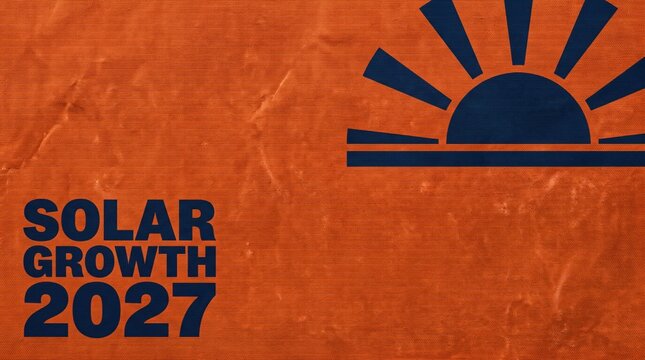 Solar Growth 2027 presentation cover featuring a textured orange canvas background with a dark blue sunrise graphic icon in the top corner and ample empty copy space for corporate strategy