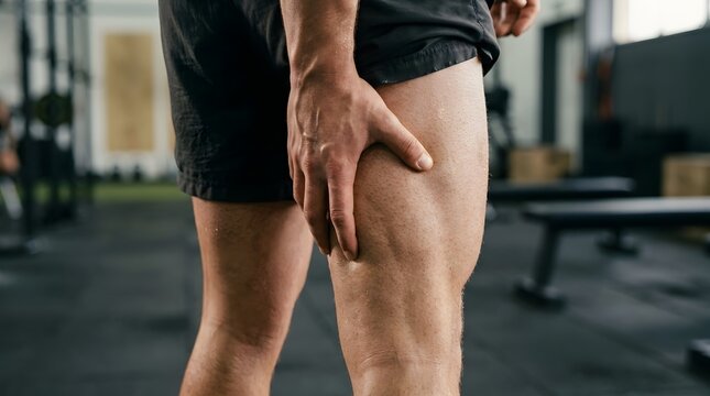 Athlete holding painful thigh muscle after workout injury in gym setting for medical rehabilitation