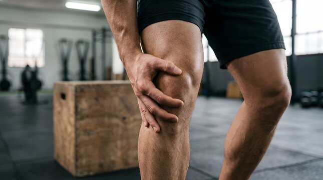 Athlete holding knee in pain after workout injury in gym setting for medical and fitness concepts