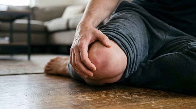 Man holding his painful knee injury while sitting on the floor at home showing physical discomfort