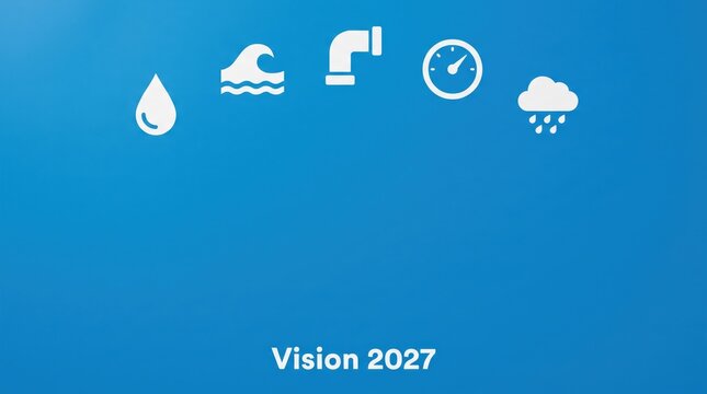 Vision 2027 strategic utility blueprint plan template featuring minimal icons on a clean blue background with ample copy space for corporate presentation cover headers