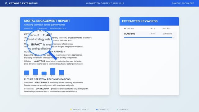 Magnifying glass scanning document and extracting keyword animation. 4K Video
