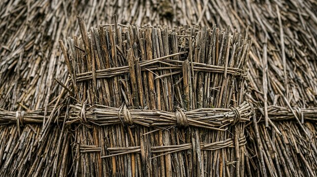 A macro view detailing the weathered and densely woven stalks of an ancient thatched reed panel bulrush wall thatch texture background reed straw dry natural rustic pattern weave fiber organic