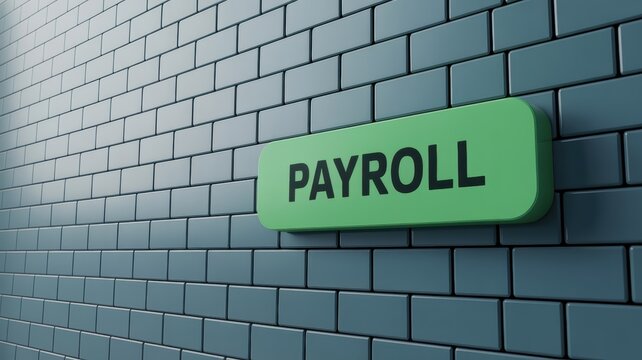 A green rectangular sign with the word payroll written on it attached to a dark blue brick wall with payroll mounted textured