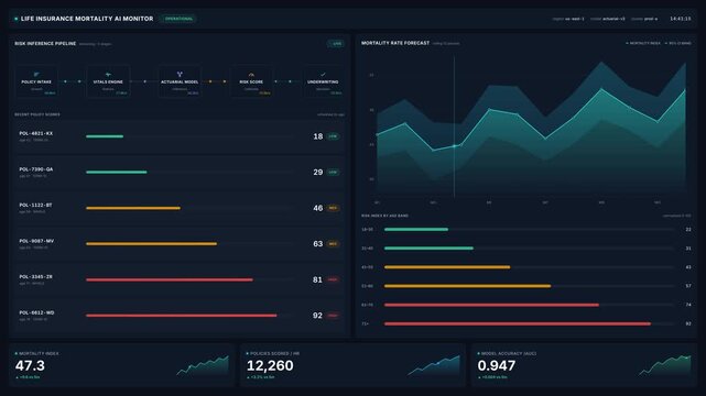 Life insurance mortality ai monitor dashboard for risk inference pipeline, policy scores, forecast charts, for 4k data analytics underwriting automation