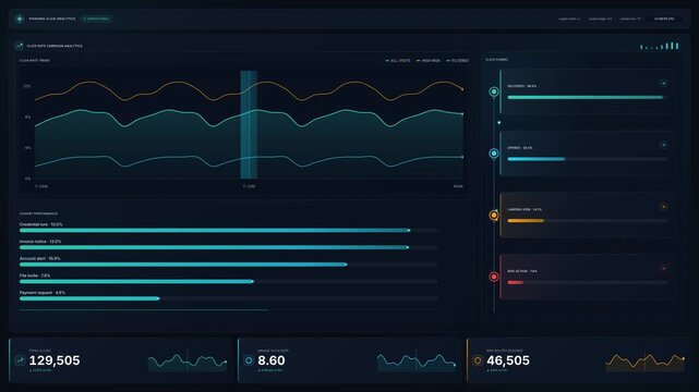 Cybersecurity analyst reviewing phishing campaign click rate dashboard on, for 4k, email threat, fraud, digital security reporting
