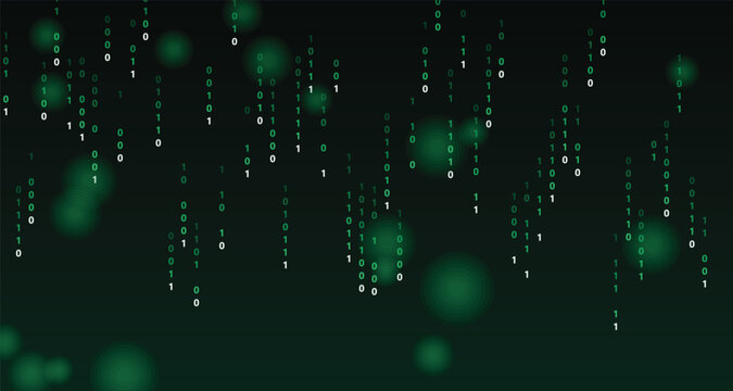 Binary code rain background with green zeros and ones on dark background