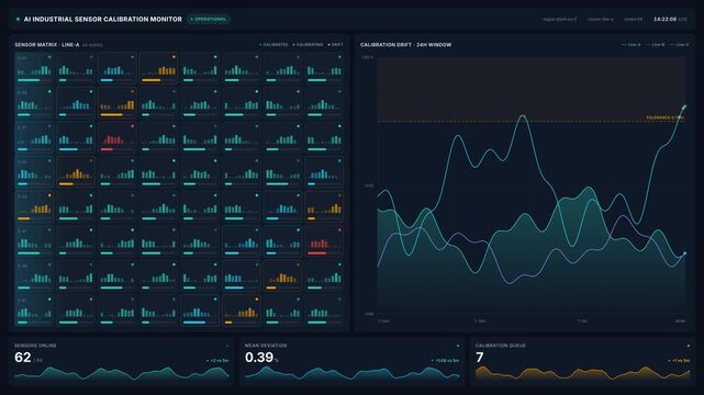 Ai industrial sensor calibration monitor with line-a sensor matrix 24 hour drift chart, for automation, data analysis, quality control, monitoring in 4k