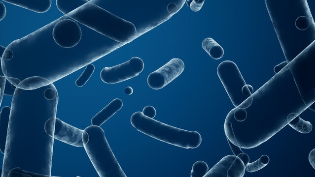 Macro close-up of translucent rod-shaped bacteria drifting in deep blue fluid, sharp microscope look, 3D render
