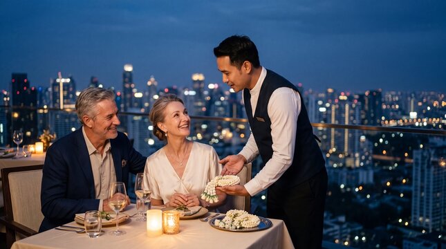 Romantic Rooftop Dinner: A couple enjoys an intimate dinner on a rooftop overlooking a city skyline at dusk, with a waiter serving them attentively. The ambiance is elegant and romantic.