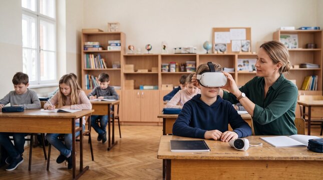 Virtual Reality Education: A teacher helps a student put on a VR headset in a classroom setting, introducing immersive technology to modern learning environments.