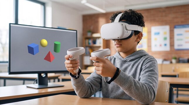 Immersive Learning with VR: A young student in a classroom dons a VR headset and controllers, engaging with virtual 3D shapes displayed on a monitor.