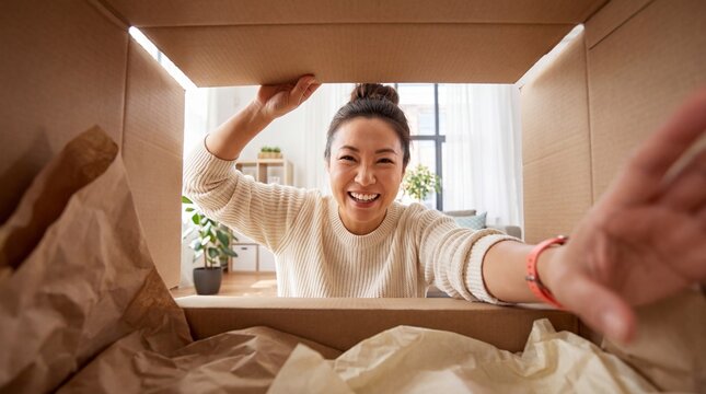 Unboxing Joy: A delighted young woman excitedly opens a cardboard box, her face beaming with anticipation as she reaches inside, revealing the contents.