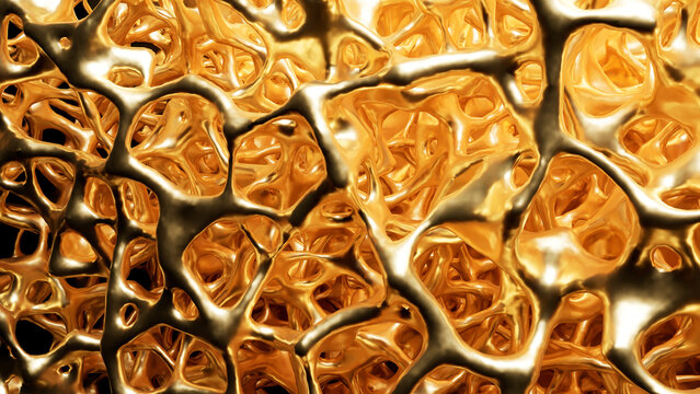 Oblique macro view of a golden porous trabecular bone structure with warm glossy light, 3D render