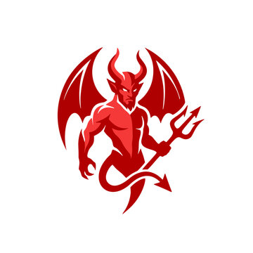 red devil logo graphic with horns, wings, a curled tail, and a trident
