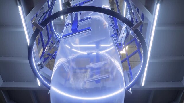 Low angle view: bubble cage of blown plastic film extrusion machine at exhibition, trade show - the process of making transparent plastic film. Concept of recycling, industry, production and equipment