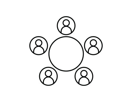 Five people icons arranged in a circle around a central round shape isolated on transparent background for business meeting collaboration teamwork communication and corporate networking graphic design