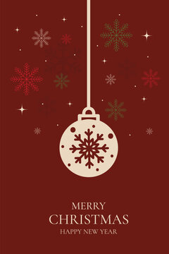 Luxury red christmas greeting card template with large central hanging bauble pendant and snowflake background