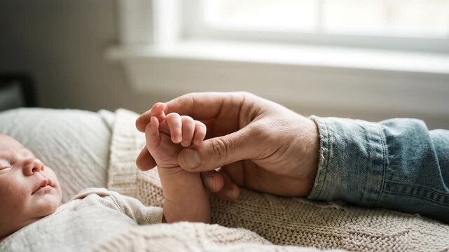 Close up of baby holding adult finger