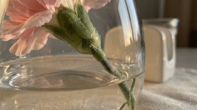 Pink Carnation Stem Submerged in a Clear Glass Water Vase