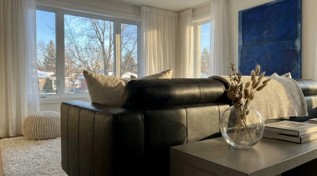 Modern Minimalist Living Room with Black Leather Sofa and Sunlight