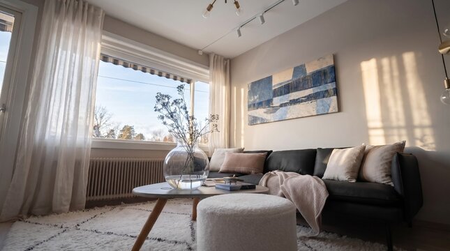 Modern Living Room Interior with Black Sofa and Golden Hour Light
